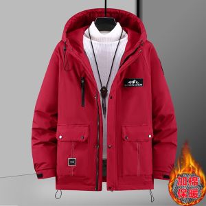 Loose Fit Thickened Red Cotton Jacket for Men Winter Coat Large Size Casual Workwear Hooded Padded Coat Urban Fashion Style