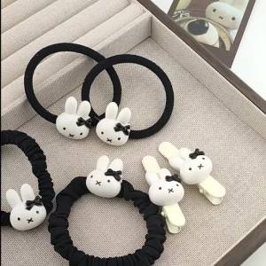 Miffy | Cute Miffy Bunny Bow Hair Tie Black Cartoon Duckbill Clip Hair Rope Ins Style Girl Hairband for Besties