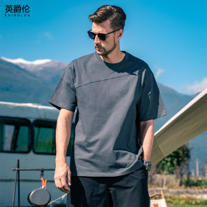 Enjeolon Heavyweight Pure Cotton American Style Short Sleeve T-Shirt Mens Deconstructed Split Loose Fit Summer Top