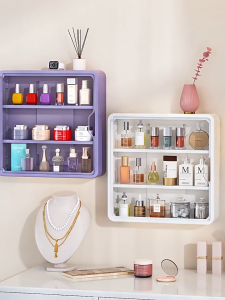 TUSSAH กล่องใส่เครื่องสำอาง ชั้นวางเครื่องสำอาง กล่องใส่เครื่องสำอางติดผนัง ชั้นวางของในห้องน้ำ อุปกรณ์จัดเก็บเครื่องสำอาง ไม่ต้องเจาะ