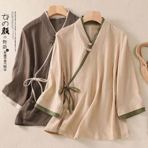 Revised Tang Suit Womens Hanfu Tea Person Uniform Set Zen Style Cotton Linen Spring Summer Womens Fashion Buddhist Style