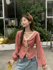 French Plaid Lace Trim V-Neck Fitted Blouse