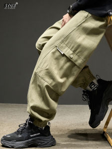 Mens Casual Cotton Work Trousers Spring Autumn Loose Splicing Cargo Pants Soldier Style Drawstring Elastic Waist Jeans