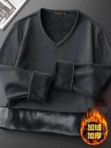 Autumn Winter Fleece Cotton Long Sleeve T-Shirt for Men Loose Large Size Trendy Base Shirt Inner Wear Warm Outerwear