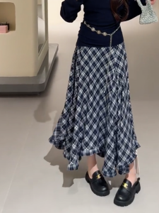 MANMI | Youthful Fashion High Waist Slimming Irregular Gingham Skirt