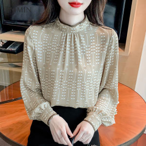 AMMIN เสื้อเชิ้ตชีฟองแขนชุดยาวพิมพ์ลายดอกไม้วินเทจคอตั้งง่ายๆสำหรับฤดูใบไม้ร่วงเสื้อเบลาส์หรูหราแขนแต่งระบายวินเทจสไตล์เกาหลีสำหรับผู้หญิง2023