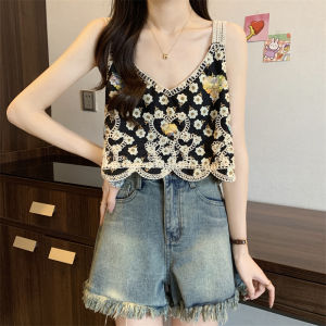 Womens Hollow out Sequin Ripple Strap Vest Summer Sleeveless Outdoor Wear Jazz Top Sweet Style Printed Loose Fit Short Length