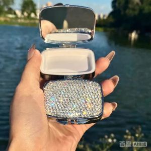 Sparkly Rhinestone Divided Pill Container Compact Sealed Medicine Storage Case Cute Small Pill Box for Pocket Purse Carrying
