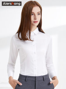 Slim Fit Pure Cotton Long Sleeve White Shirt Women Korean Style Work Uniform Professional Dress Blue Shirt Female Staff Uniform