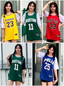 เสื้อบอลเจมส์เสื้อทีเชิ้ต Lakers curry Kobe เบอร์23แขนสั้นสำหรับทั้งผู้ชายและผู้หญิง2ชิ้นปลอมเสื้อกั๊ก irving เบอร์11ชุดบาสเก็ตบอล