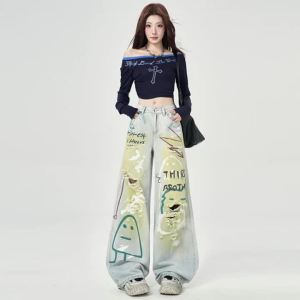 Trendy Y2K Vintage Wide Leg Jeans Artistic Print Denim Pants for Women Cute Girl Straight Leg Spring Fashion