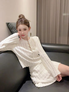 XUECAIQI | Elegant French Slimming Lace Hollow Out Knitted Long Sleeve Top and Skirt Set