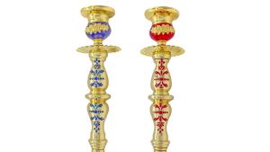 New Ornate Gold Plated Orthodox Christian Handheld Candle Holder Liturgical Church Candle Stand with Intricate Carvings Box Gift