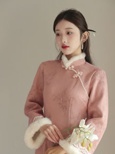 Pink New Chinese Style Cheongsam Thickened Long Sleeve Fleece Lined Daily Vintage Modified Dress Warm Mid-Length Skirt