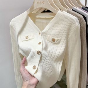 French Style Knitted Lace Sleeve Long V-Neck Womens Sweater Cardigan White Base Layer Top Fashionable This Year Outerwear