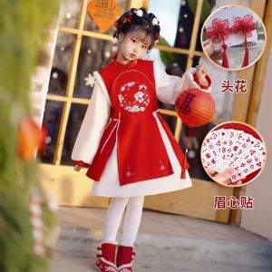 New 2025 Winter Childrens Clothing Red New Years Outfit Fleece Lined Hanfu Style Girls Set Traditional Chinese New Year Dress