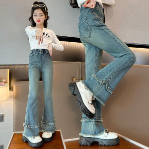 กางเกงยีนส์ทรงหลวมเอวสูงสำหรับเด็กผู้หญิง กางเกงขายาวทรงหลวมสำหรับเด็กผู้หญิง ฤดูใบไม้ผลิและฤดูใบไม้ร่วง กางเกงขายาวลำลองสำหรับเด็กผู้หญิง