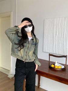 Retro American Washed Zipper Collar Short Denim Jacket Womens Spring New Style Commute Pure Color Slim Fit Polo Shirt