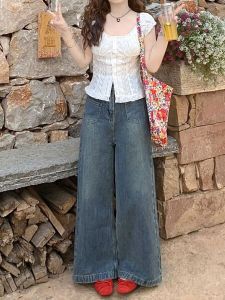 กางเกงยีนส์ขากว้างเอวสูงสไตล์ย้อนยุคสำหรับผู้หญิง กางเกงขายาวทรงตรงหลวมๆ ทรงสลิมฟิต กางเกงขายาวทรงสลิมฟิตสำหรับฤดูร้อน