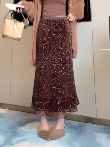 AMMIN 2024 Autumn new elastic high-waisted fashion sequin long skirt skirt with hip Sparkly velvet sequin womens Korean version of the fishtail skirt