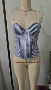 Áo Corset Nữ Màu Xanh Trắng Sọc Dây Đeo Mỏng Có Thể Điều Chỉnh Kiểu Sweetheart Cài Nút Phía Trước Phối Ren Phong Cách Vintage Kiểu Dáng Bustier.