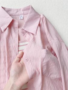 Womens Summer 2024 Long Sleeve Sun Protection Shirt Casual Thin Outerwear Polo Collar Button Detail Loose Fit Korean Style
