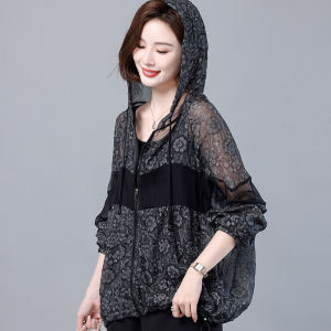 Ice Silk Hooded Sun Protection Clothing Womens Summer New Loose plus Size Printed Lightweight Breathable Air Conditioning Cardigan Coat