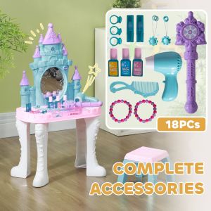 Magical Princess Makeup Vanity Set with Lighted Mirror Music Stool & 18PCS Pretend Play Accessories for Kids