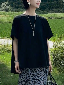 QINGNAER | Laid-back Unique Large Size Womens Tshirt Slimming Back Button Black 2025 Summer New