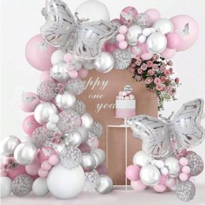 130-Piece Wedding Theme Balloon Set Macaron Pink Balloons 3D Silver Butterfly Wall Stickers Balloon Garland Wedding Birthday Bridal Shower Decoration Photo Shoot