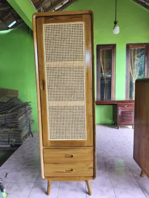 Lemari retro pintu 1 mix rotan kayu jati 55×45×180