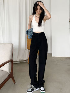 Black Wide Leg Jeans Womens Loose Straight Floor-Length High Waist Chic Hong Kong Style LGKG Cotton Polyester Regenerated Cellulose Fiber