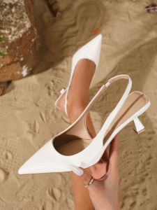 Womens Elegant Pointed Toe Slingback Kitten Heels Stylish Leather High Heels for Summer Office & Date Outings Versatile Soli