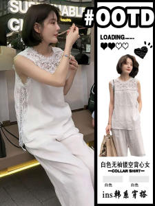 French Style Linen Lace Hollow out Thin Shirt Women Summer Open Workwear Sleeveless Loose Top Short Length Solid Color