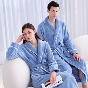 2026 Warm Coral Fleece Kimono Bathrobe Gown Winter Thickened Flannel Couple Nightwear Loose Home Wear Long Robe Sleepwear