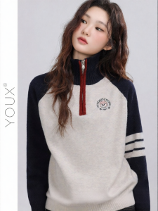 YOUXIANG | Áo Sweater Len Phối Hình Cổ Trụ Nửa Zip