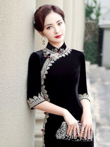 Long Black Velvet Retro Qipao Dress Large Size