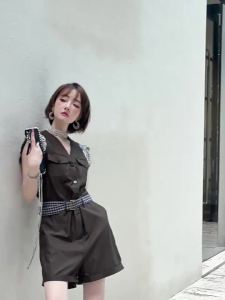 Lace And Plaid V-neck Overalls High Waist For Petite  Loose Wide Leg Jumpsuit