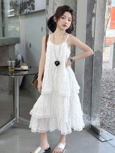 Girls Summer Dress Strap Beach Vacation White Cake Skirt Child Age 4-17 Years Old Korean Style Soft Material Machine Washable