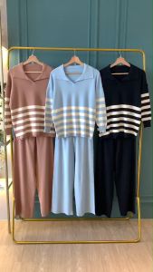 SET7244 Half Striped Oversize Top n Pants Knit Set