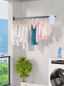 Aluminum Alloy Folding Drying Rack Foldable Telescopic Drying Rack Wall-mounted Collapsible Drying Rack Space Saver Clothes Rack With Hooks For Balcony Laundry Bathroom