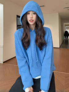 Loose Fit Korean Style Blue Long Sleeve Hoodie Knitted Sweater Womens Casual Comfortable Overhead Top for Autumn Winter