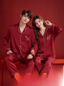 Red Silk Sleepwear Long Sleeve Couple Set Wedding Gifts Luxury Brand Langsha Print Pattern Casual Wear Four Seasons Suitable