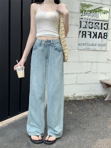 Light Blue Polka Dot Print High Waist Wide Leg Denim Shorts Womens Loose Fit Straight Long Pants Autumn Versatile Wash Processing