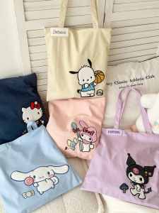 Sanrio Hello Kitty Cartoon Character Shoulder Bag Cute Shopping Bag for Girls Fashionable Canvas Bag with Zipper Closure
