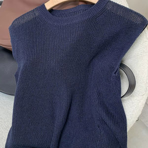Unresistable Self-Keeping Style~ Dark Blue Hollow out Linen Knitted Sleeveless Vest for Women Summer 2025 New Top