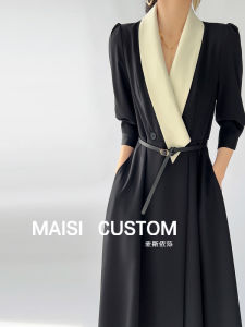 Elegant Commuter Suit Dress Womens High Waist A-Line Midi Skirt Double Breasted Bubble Sleeve Pure Color Korean Style