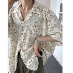 Fancy Cuban Collar Floral Short-Sleeved Shirt Mens Summer Stylish Niche Loose Ice Silk Beach Shirt Men