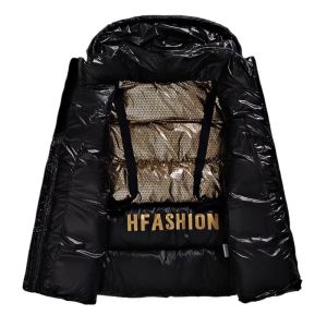 Mens Black Glossy down Jacket Winter New Style Short Thickened Hooded Anti-Hail Windproof Outdoor Clothing Waterproof