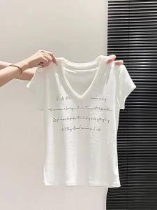 Letter Print V-neck Short Sleeve T-Shirt Thin Korean Style 2026 New Slimming